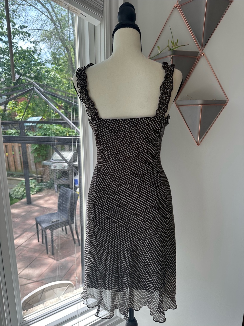 VINTAGE Mandee Bias Cut Brown Polka Dot Sleeveless Dress Lace Organza Size 4 - Picture 4 of 10